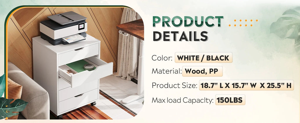 5-Drawer Chest, Wood Storage file Cabinet with Wheels, White