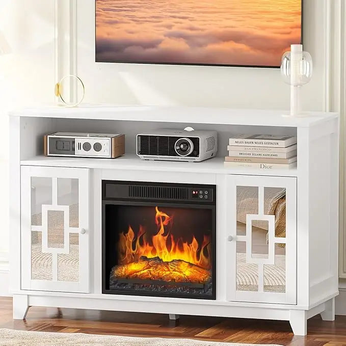 Fireplace TV Stand with Sliding Mirrored Door for TVs up to 70"