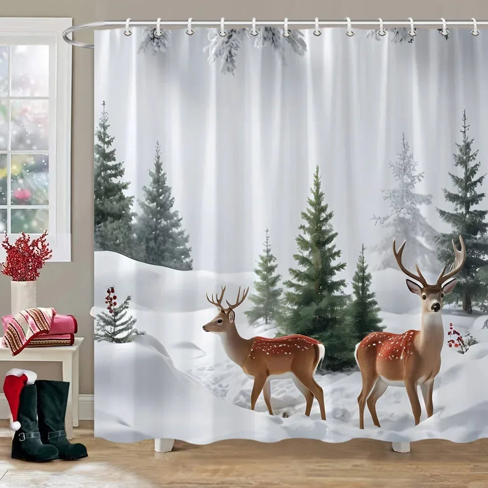 Winter Snow Forest Deer Shower Curtain Christmas Nature