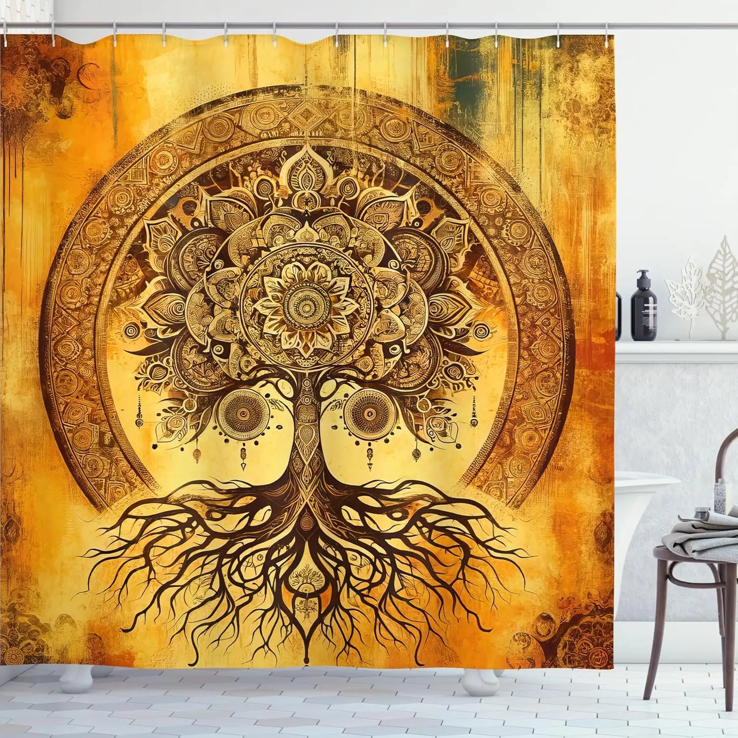 Shower Curtain, Oriental Atmosphere Warm Tone Mandala Ornate Life