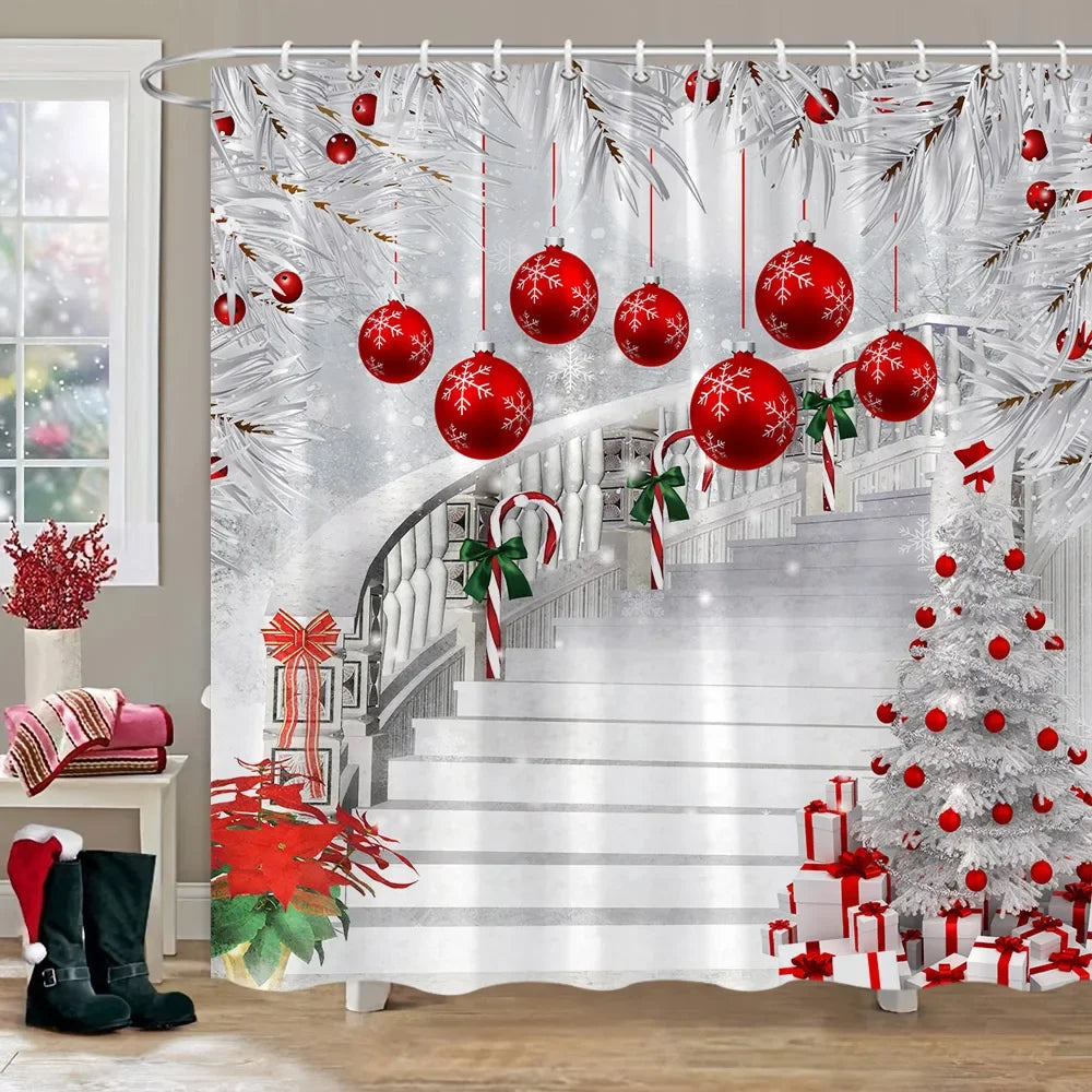 Christmas Gift Theme Shower Curtains Snowman Christmas Tree