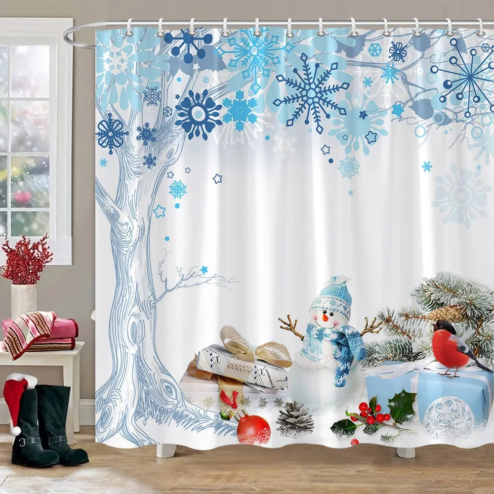 Christmas Gift Theme Shower Curtains Snowman Christmas Tree