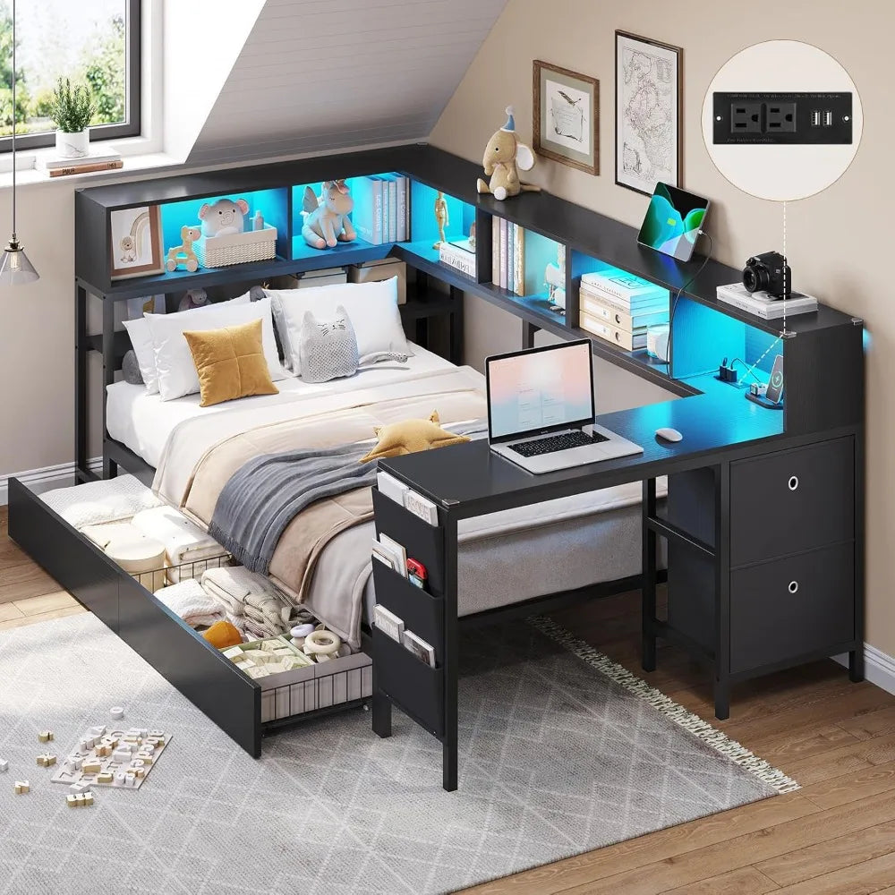 DICTAC Corner Twin Bed Frame with Desk,Charging Station and Bookcase Storage