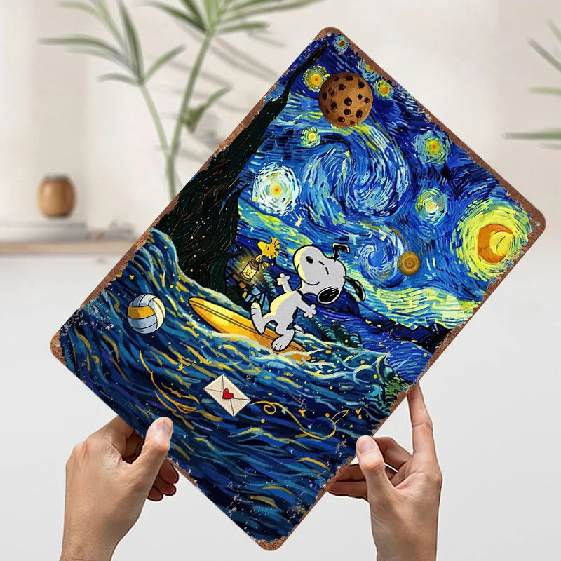 Snoopy Surfing Starry Night Parody Metal Poster