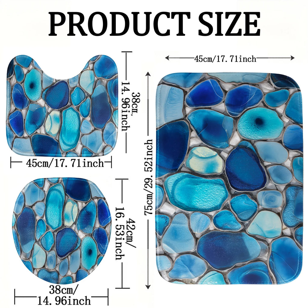 Bathroom Anti-Slip Mat Set - 3pcs Kit with Bluesy Irregular Glass Stone Pattern 2D Design, Digital Print - Includes Non-Slip Mat