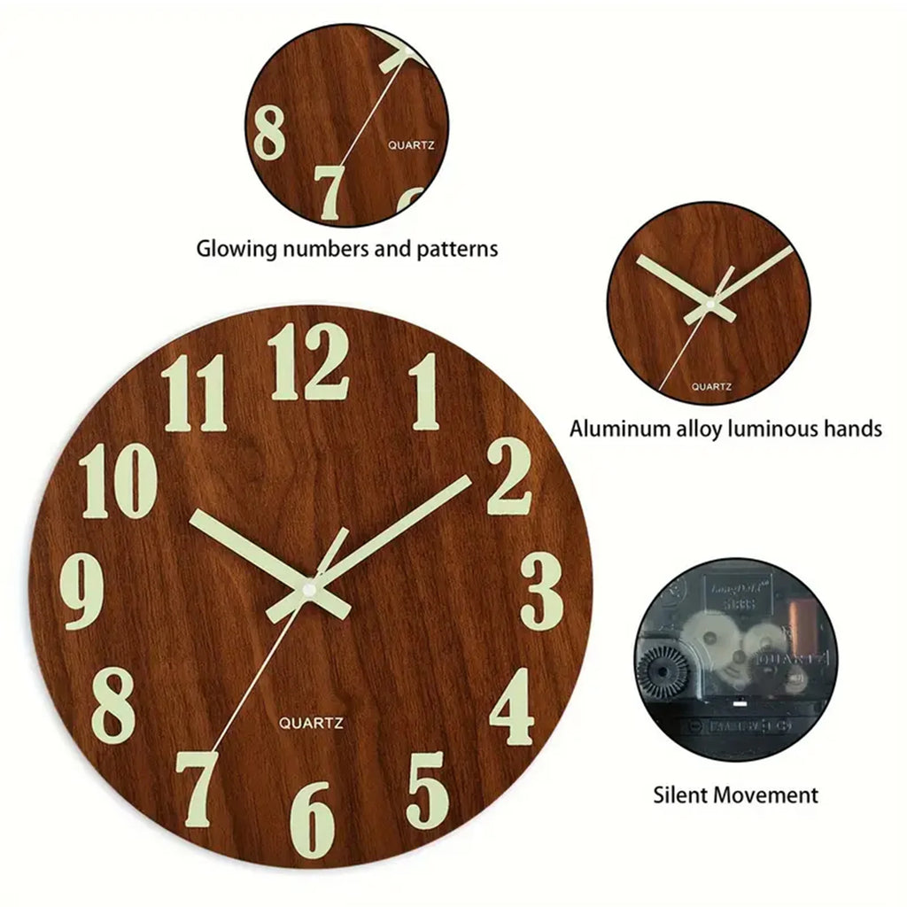 12 Inch Wooden Simple Luminous Wall Clock Silent Non Ticking