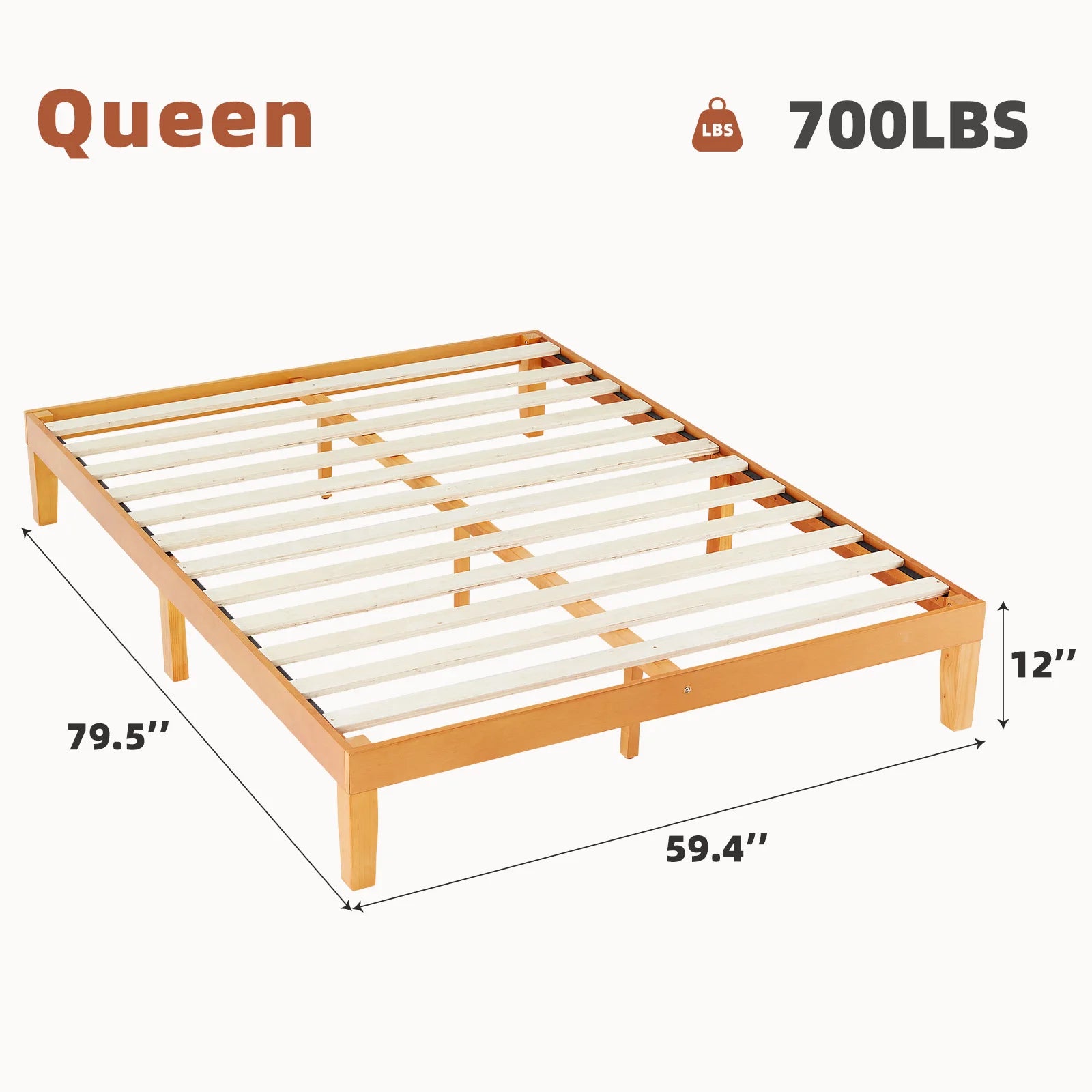Queen Solid Wood Bed Frame with Sturdy Wood Slat Support No Box Spring Needed