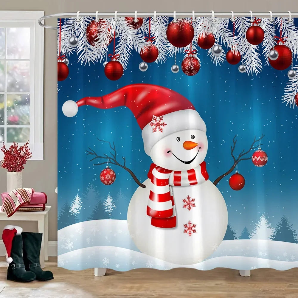 Christmas Gift Theme Shower Curtains Snowman Christmas Tree