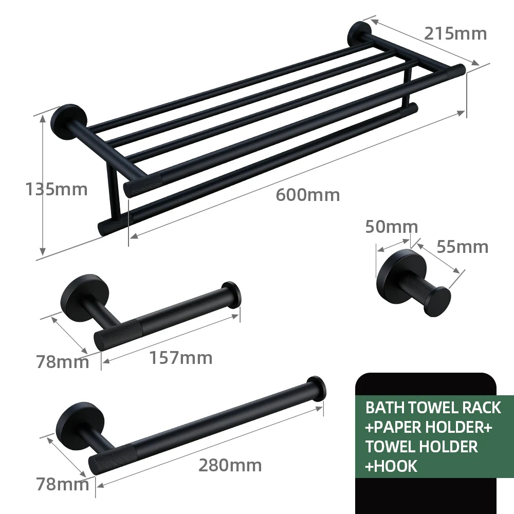 Black Bathroom Accessories Brass Knurled Kit Paper Holder Towel Rack Shelf Single Towel Holder Toilet Brush Holder Hook