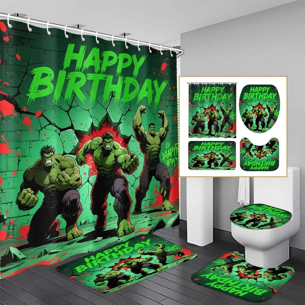Marvel 1/4pcs Spiderman Cartoon Pattern Decoration Set Includes Shower Curtain, Non-Slip Bathroom Rug, Toilet U-Shaped Mat