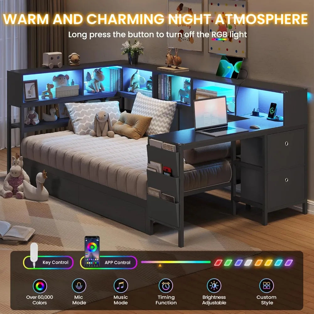 DICTAC Corner Twin Bed Frame with Desk,Charging Station and Bookcase Storage