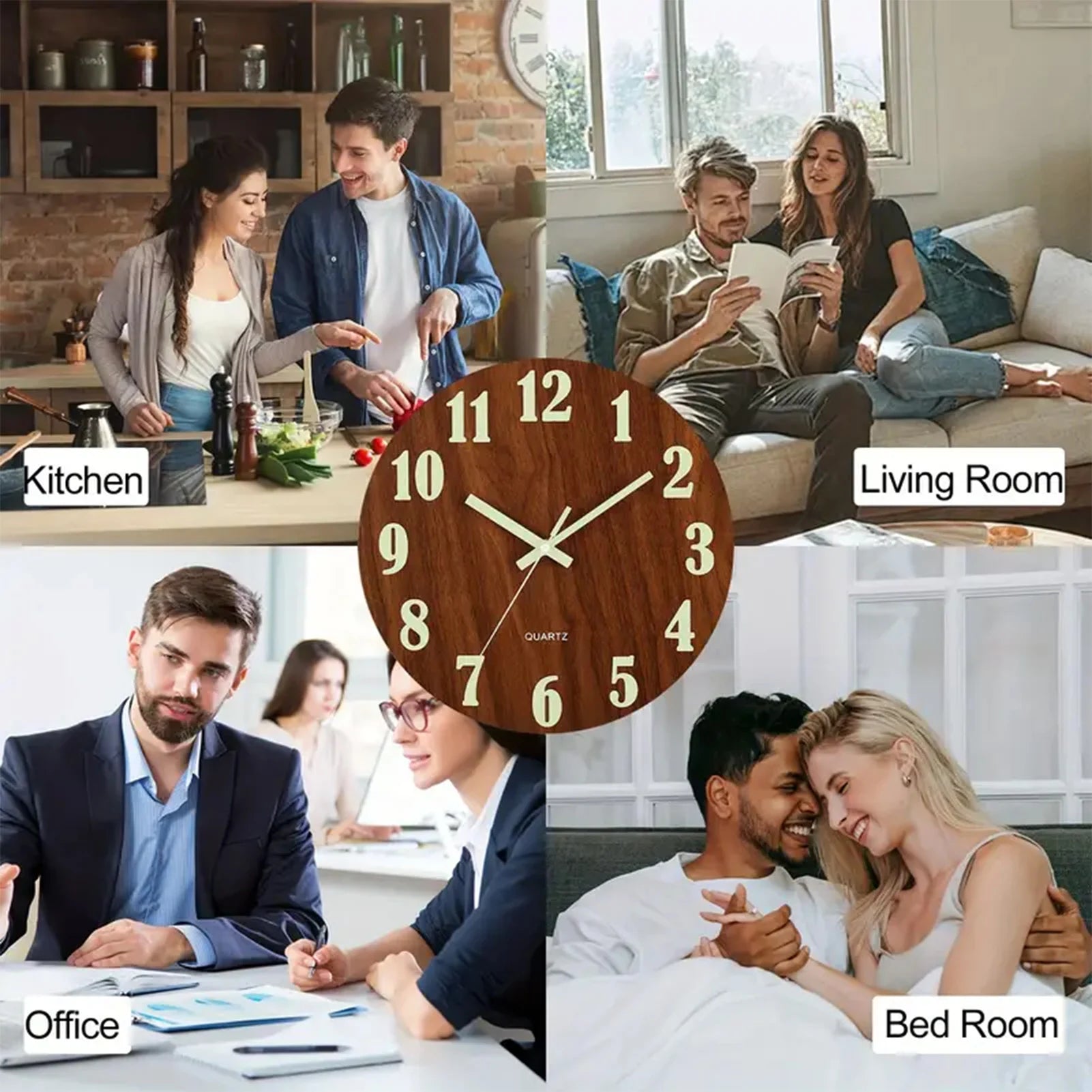 12 Inch Wooden Simple Luminous Wall Clock Silent Non Ticking