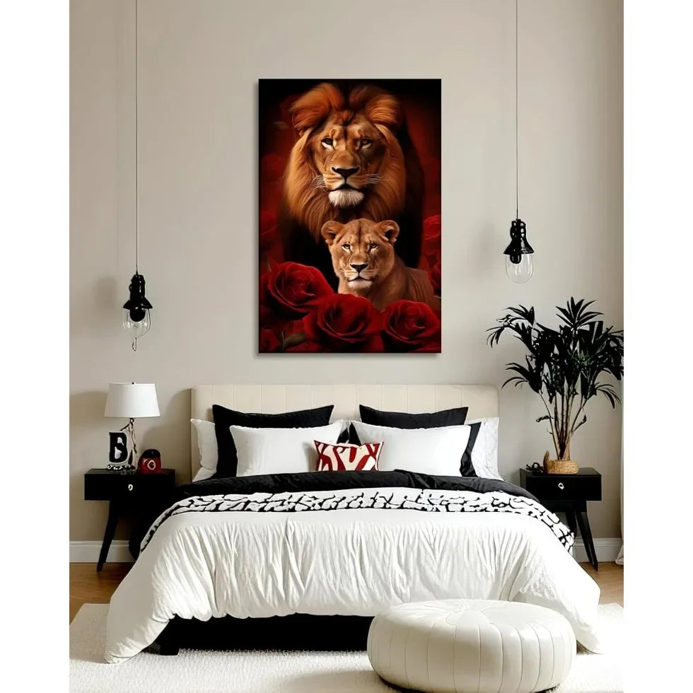 Large Lion Canvas Wall Art  Lion & Lioness with Red Rose Flower Picture