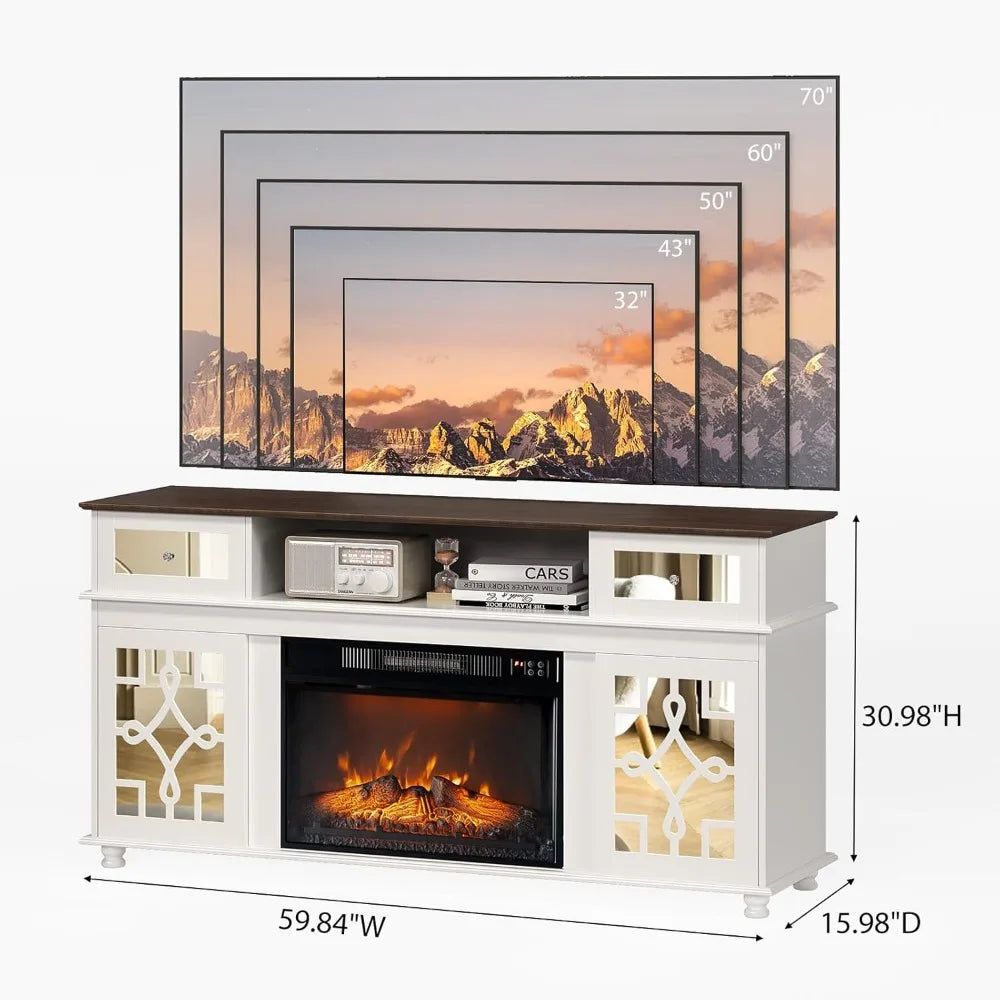 Fireplace TV Stand with Sliding Mirrored Door for TVs up to 70"