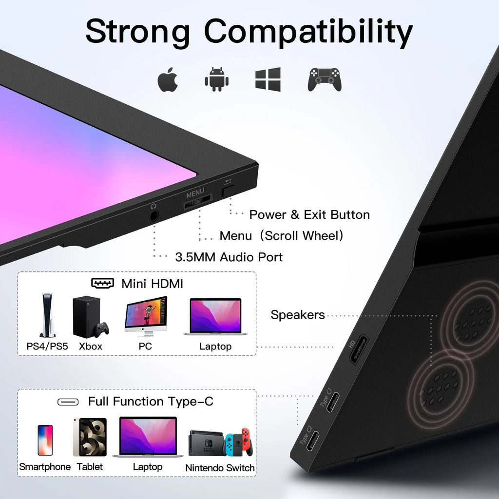 15.6 inch Portable Monitor for Laptop, 1080P 72 NTSC 100 sRGB USB C HDMI