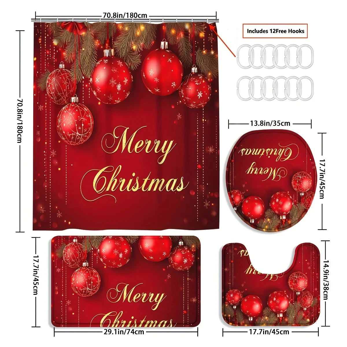 4pc Merry Christmas shower curtain set: 12 hook