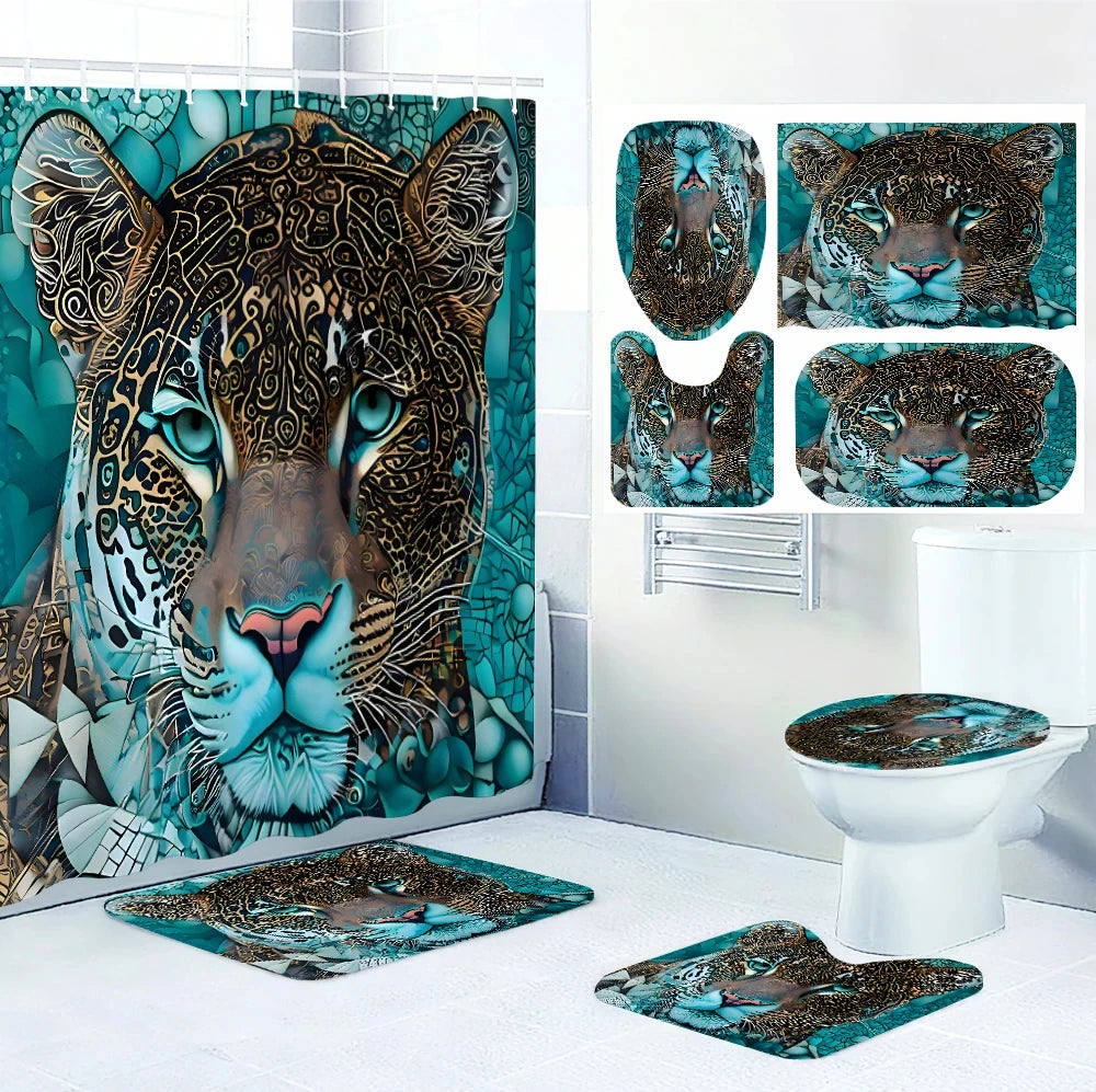 Cheetah Bathroom Four-piece Set - Avant-garde Waterproof Shower Curtain, creating a complete bathroom kit