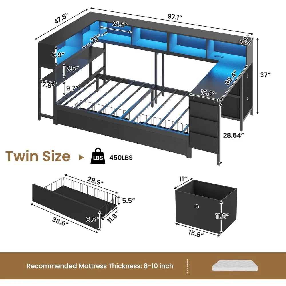 DICTAC Corner Twin Bed Frame with Desk,Charging Station and Bookcase Storage