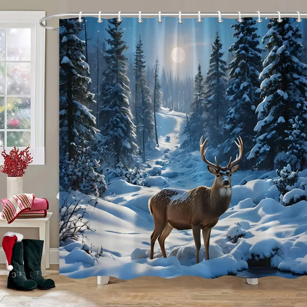 Winter Snow Forest Deer Shower Curtain Christmas Nature