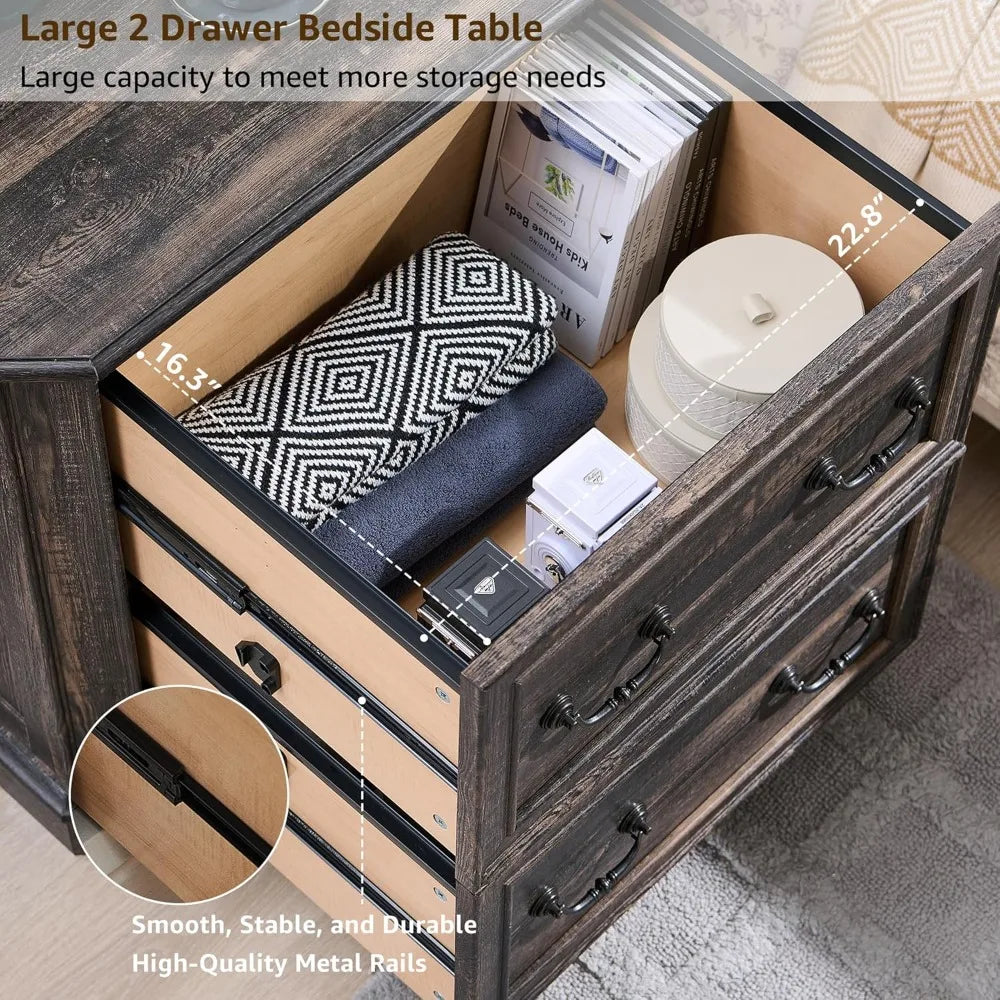 30" Farmhouse Nightstand Set of 2 w/Wooden Tabletop