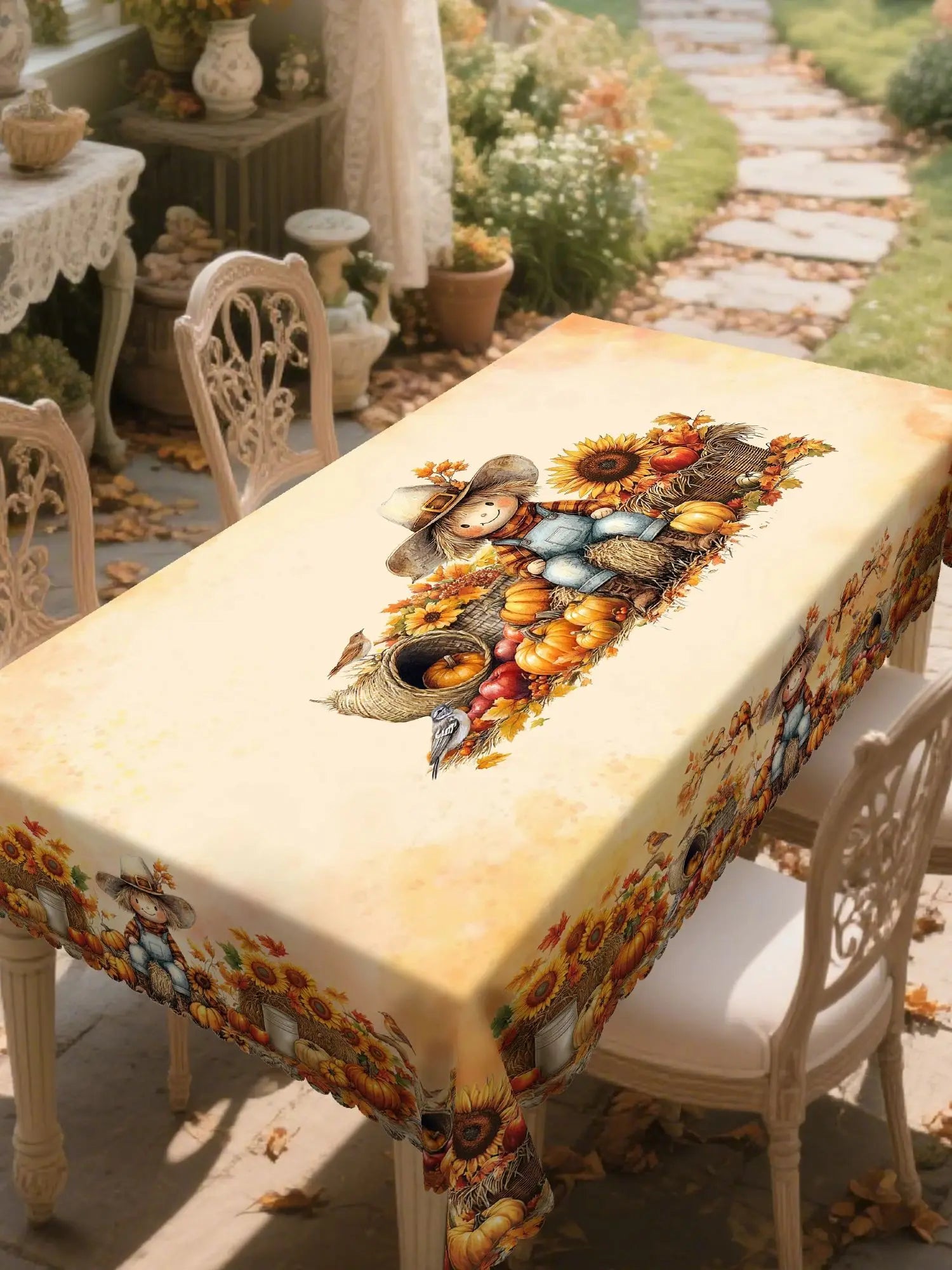 Gnizama Fall decoration autumn thanksgiving polyester rectangular round tablecloth with pumpkin, scarecrow, pattern design,