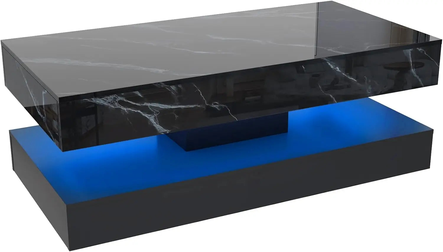 Modern Stylish Coffee Table with LED lights, Double-Layer Design for Living Room Coffee Table with 2 Storage Drawers