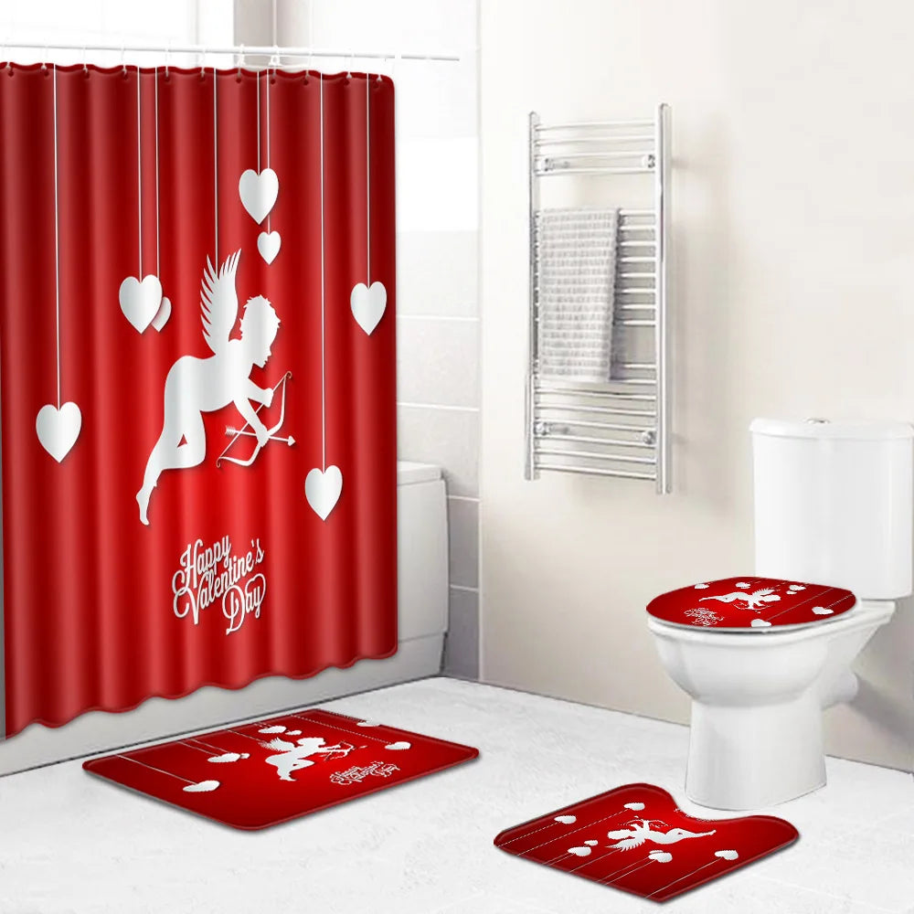 1 Set Waterproof Shower Curtain Romantic Valentine's Day Heart Rose Bathroom Curtain