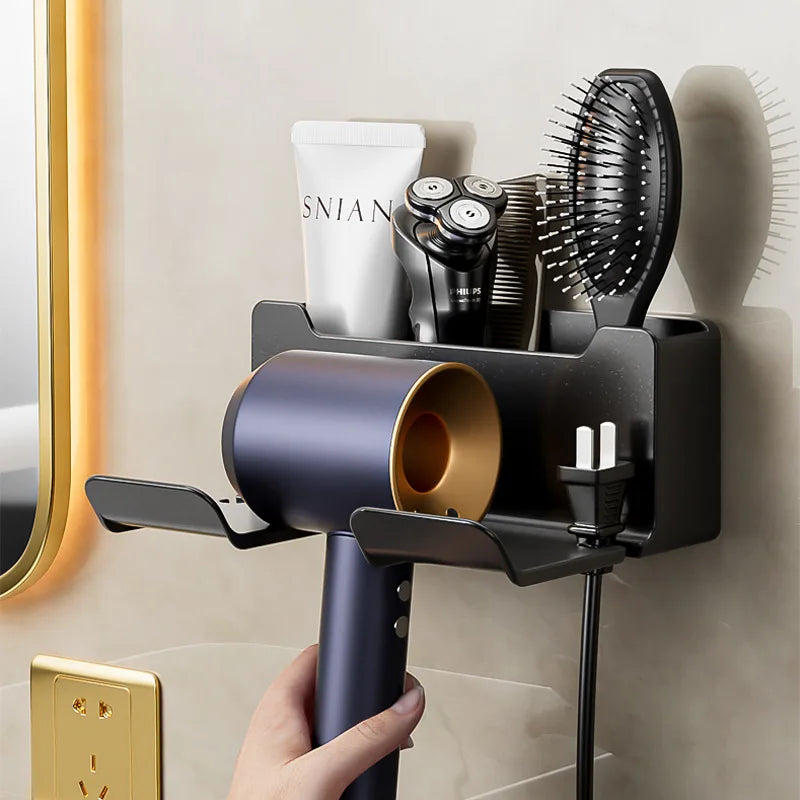 Wall Mounted Hair Dryer Holder Multi-Functional Bathroom Storage Rack,
