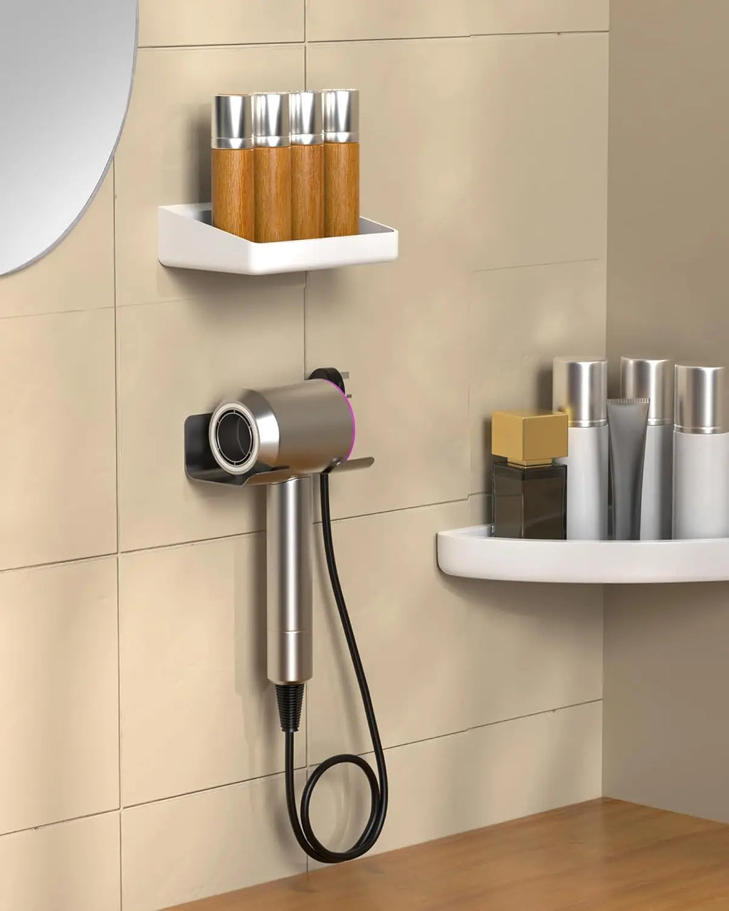 Wall Mounted Hair Dryer Holder Multi-Functional Bathroom Storage Rack,