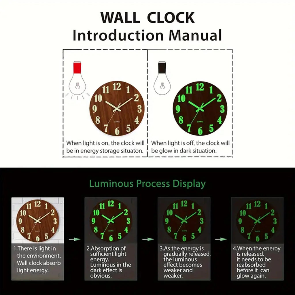 12 Inch Wooden Simple Luminous Wall Clock Silent Non Ticking