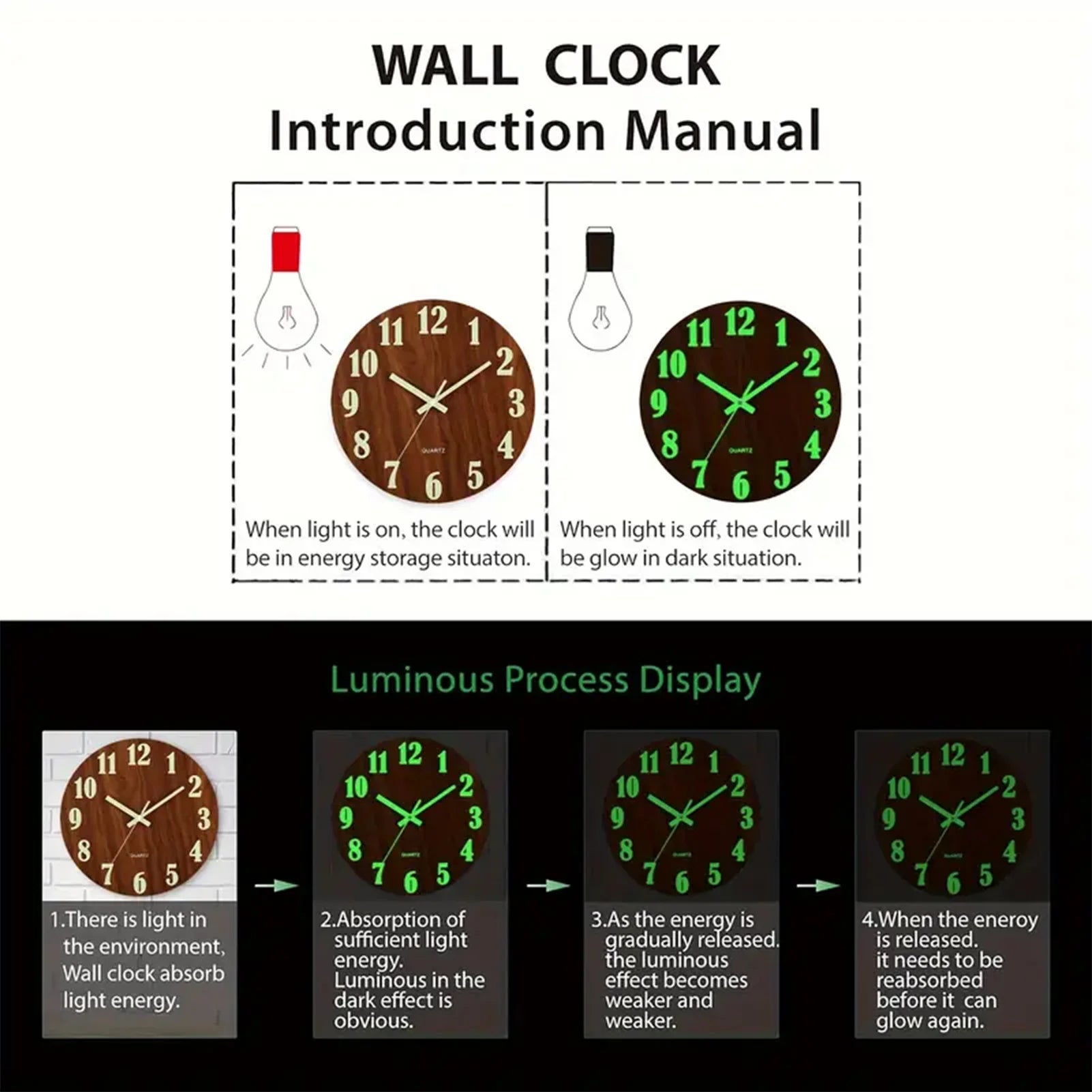 12 Inch Wooden Simple Luminous Wall Clock Silent Non Ticking
