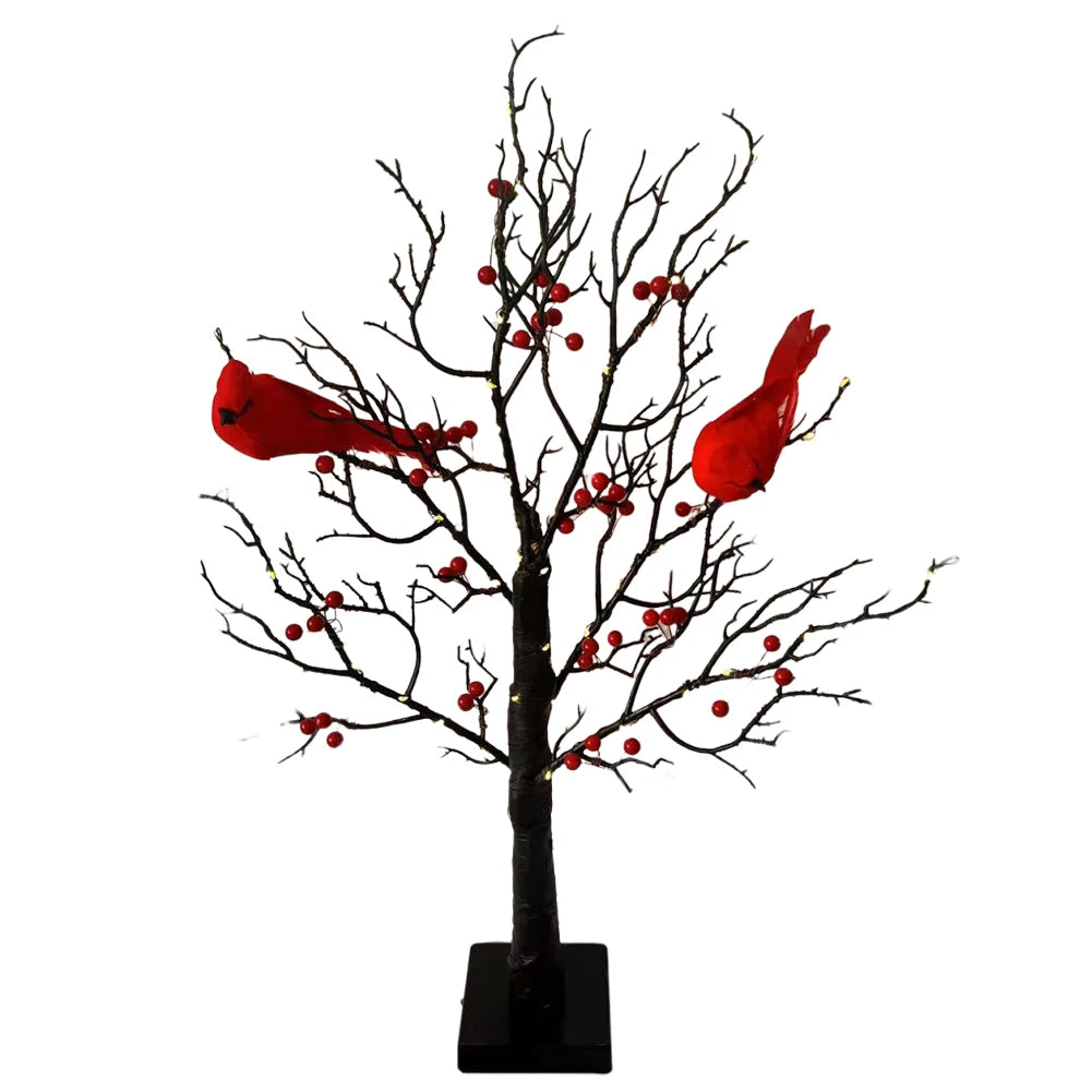 Mini Tree Light Lighted Tree with Red Bird & Berries