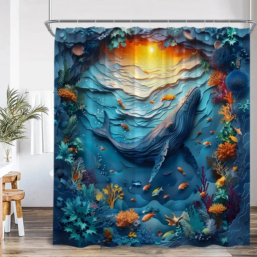 Marine Life Nature Bathroom Decor Sea Poltester Bath Curtain with Hook