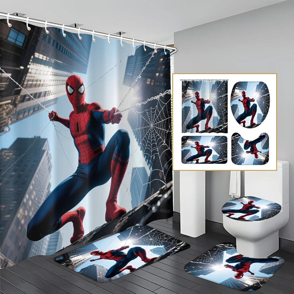 Marvel 1/4pcs Spiderman Cartoon Pattern Decoration Set Includes Shower Curtain, Non-Slip Bathroom Rug, Toilet U-Shaped Mat