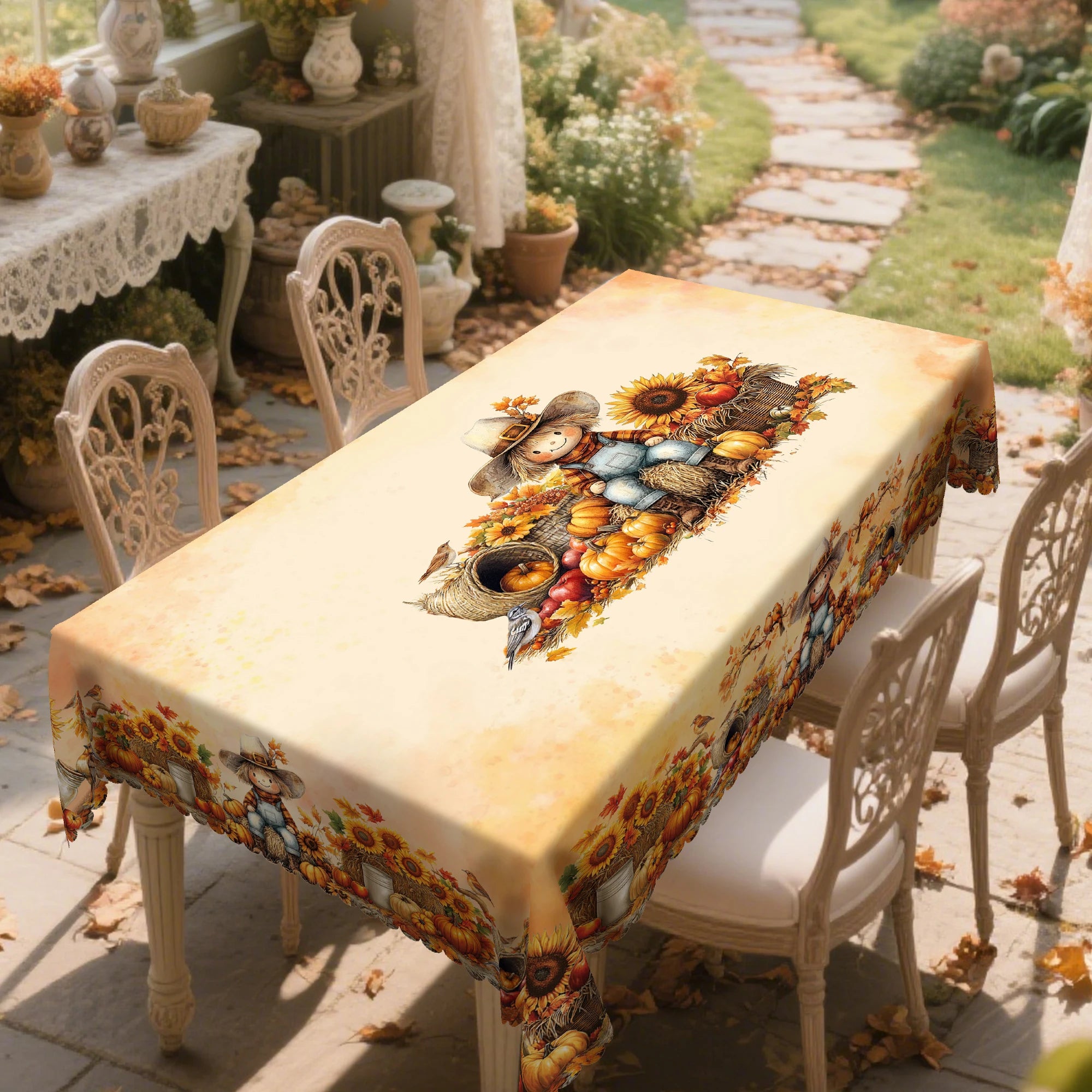 Gnizama Fall decoration autumn thanksgiving polyester rectangular round tablecloth with pumpkin, scarecrow, pattern design,
