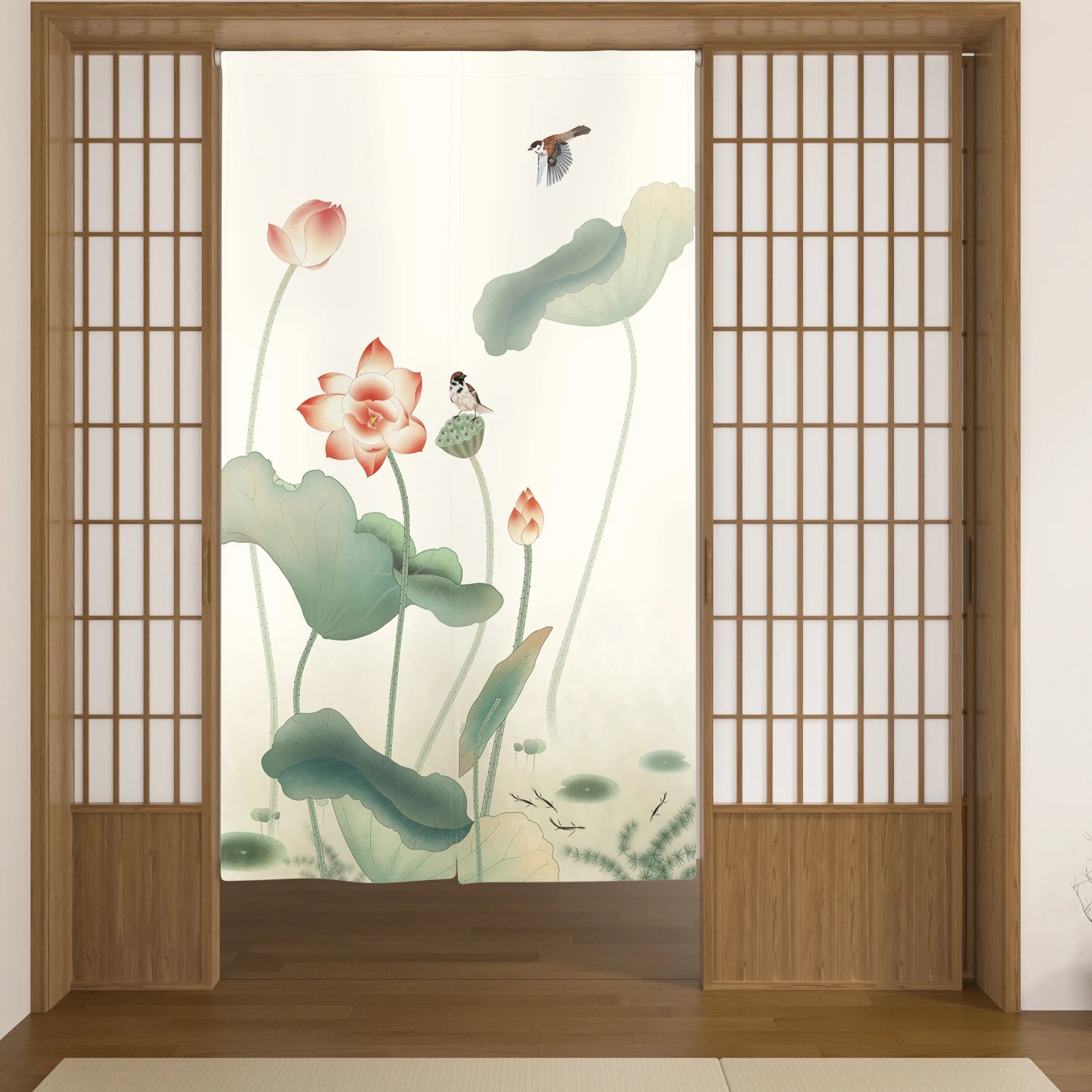 Japanese Linen Doorway Curtain Home Flower Bird