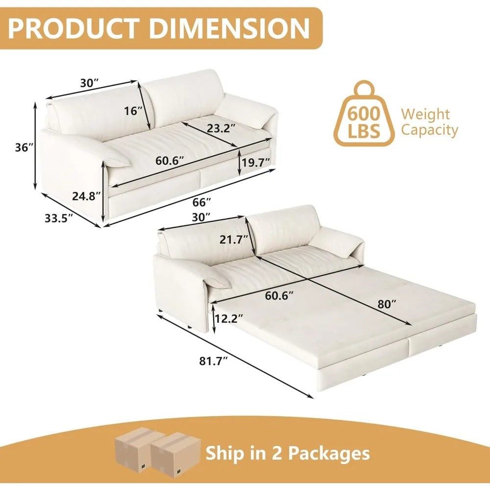 66" Queen Size Sofa Bed, 3 in 1 Convertible Pull Out Sleeper Sofa