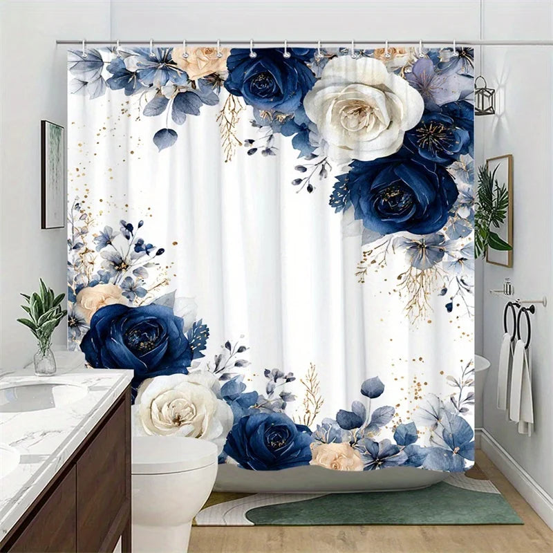 1 Elegant Blue Peach Rose Lace Shower Curtain