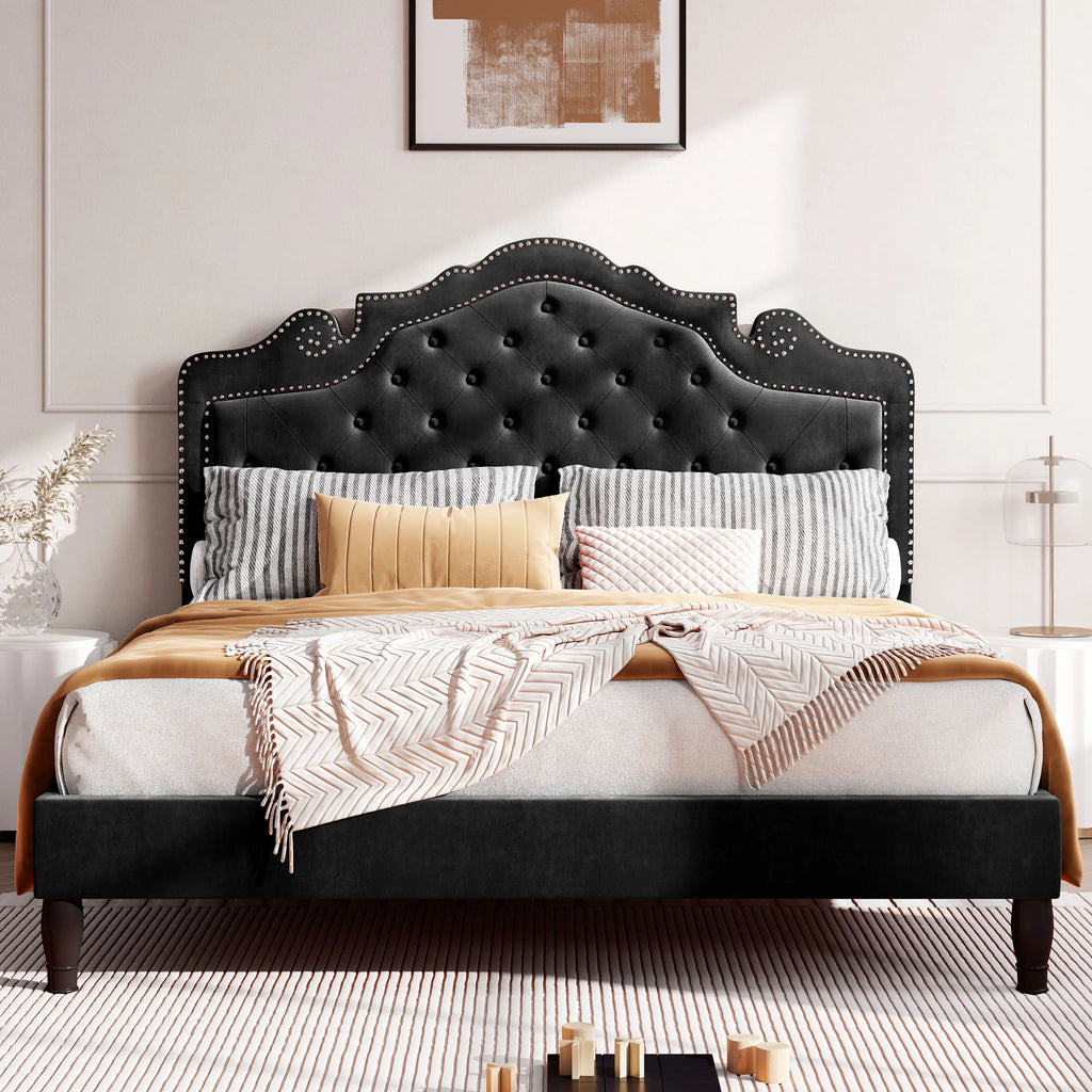 Bed Frame with Adjustable Velvet Tiara Headboard,
