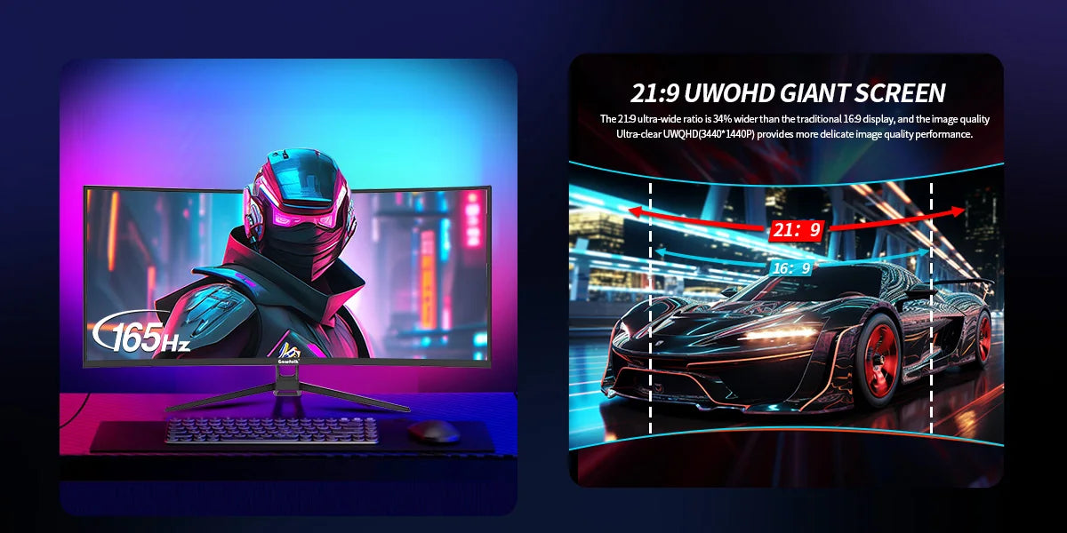 34 Inch Ultrawide Curved Gaming Monitor, 1500R PC Screen 165hz UWQHD 4K, Curved Computer Screen with Free Sync