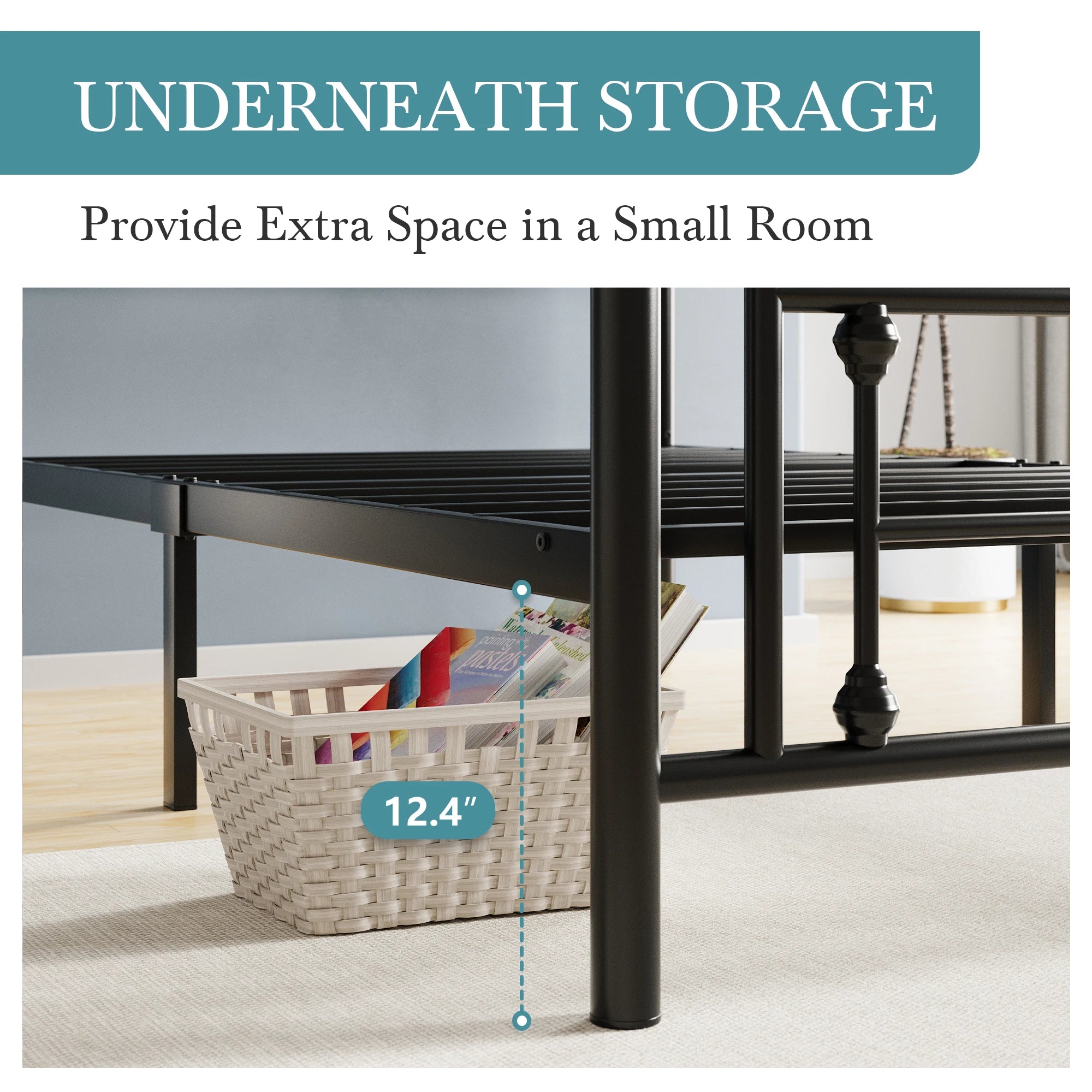 14 Inch Metal Platform Bed Frame, Vintage Victorian Style, Wrought Iron Headboard and Footboard