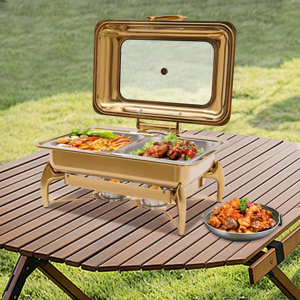 9L Gold Rectangle Dual Compartment Chafing Dish Buffet Set