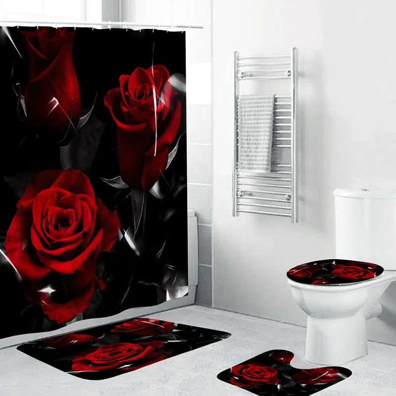 1 Set Waterproof Shower Curtain Romantic Valentine's Day Heart Rose Bathroom Curtain