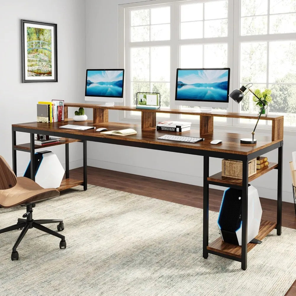 Two Person Desk with Monitor Stand, 78.74" Long Double Computer Office Desk with Storage Shelves,