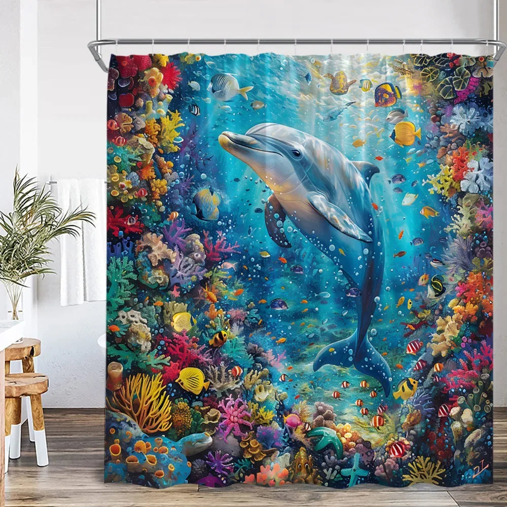 Marine Life Nature Bathroom Decor Sea Poltester Bath Curtain with Hook