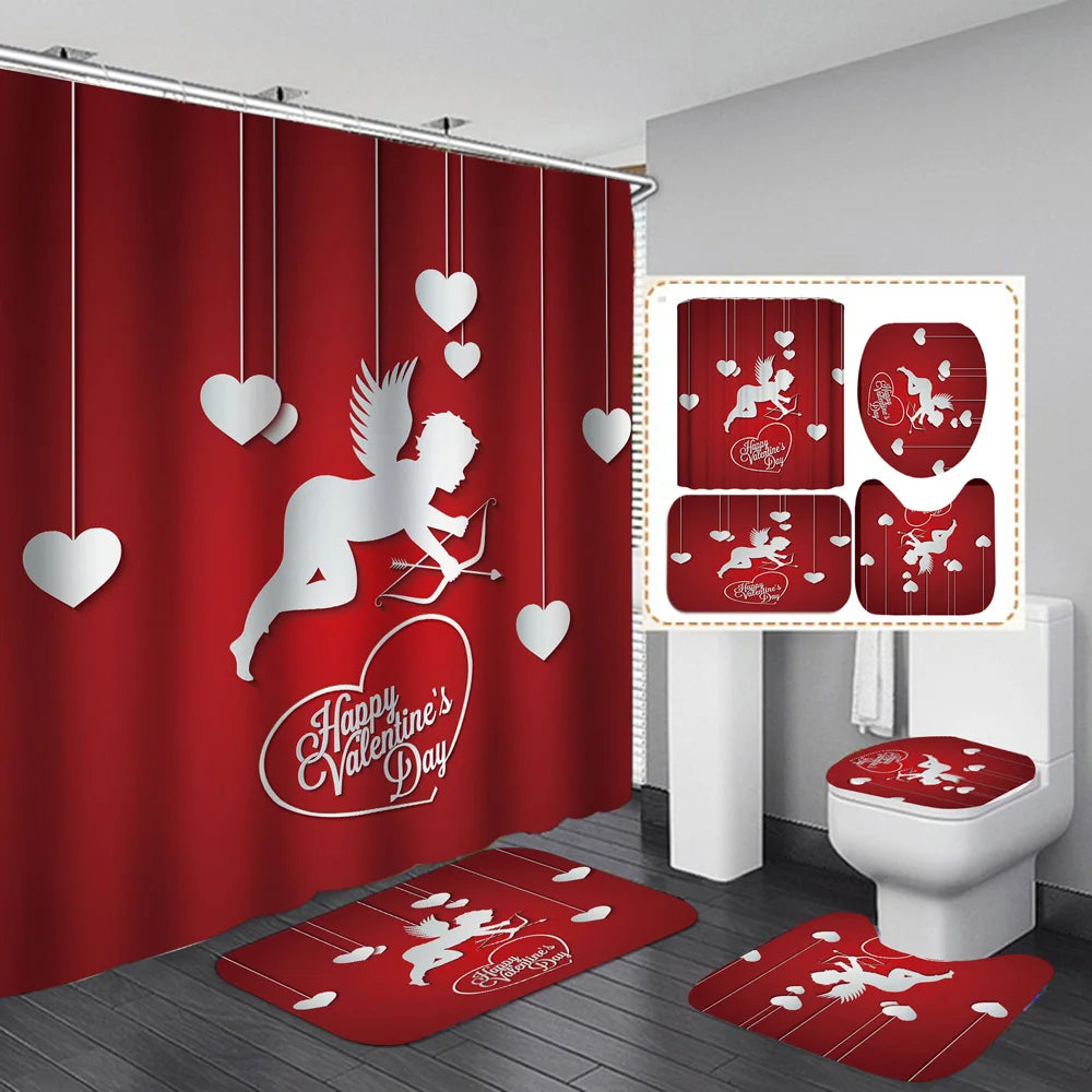 1 Set Waterproof Shower Curtain Romantic Valentine's Day Heart Rose Bathroom Curtain