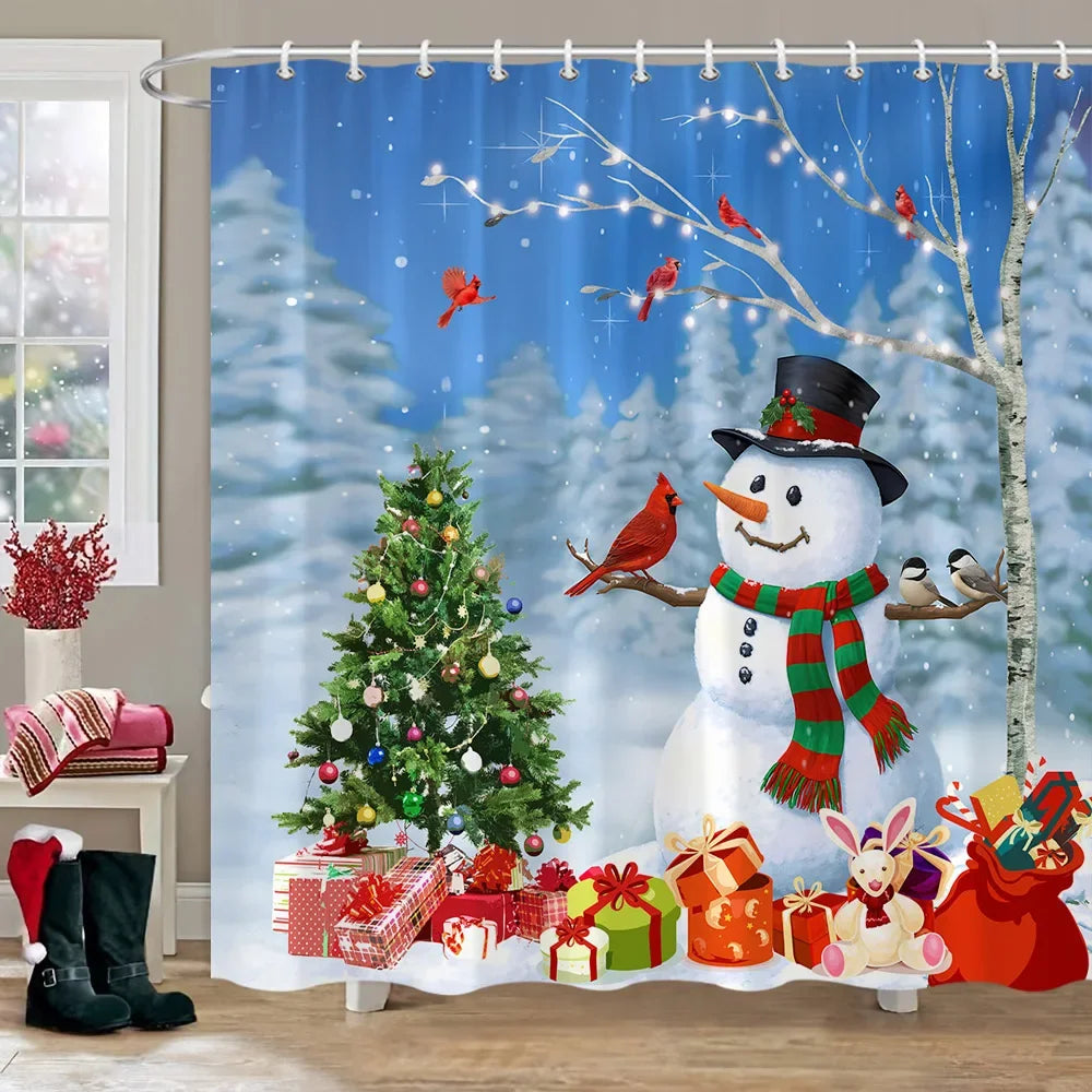 Christmas Gift Theme Shower Curtains Snowman Christmas Tree