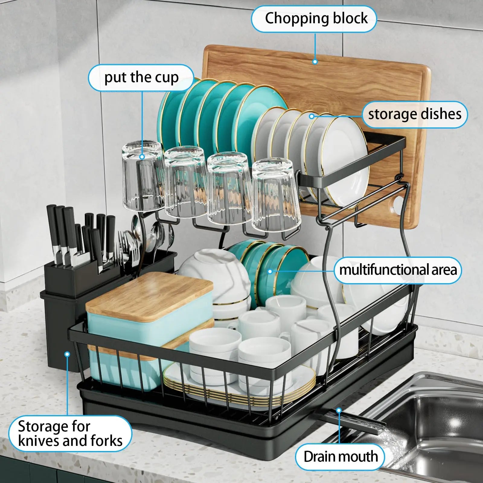 Large 2-tier dish drying rack for kitchen countertops,