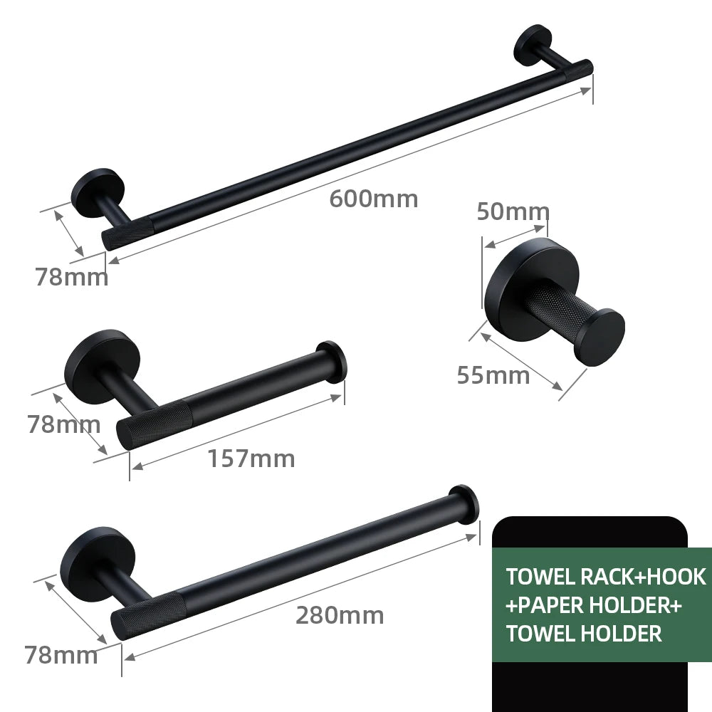 Black Bathroom Accessories Brass Knurled Kit Paper Holder Towel Rack Shelf Single Towel Holder Toilet Brush Holder Hook