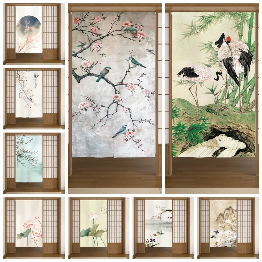 Japanese Linen Doorway Curtain Home Flower Bird